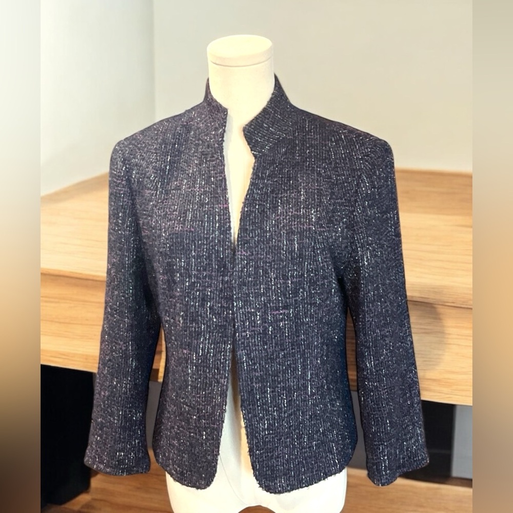Lafayette 148 New York Navy Blue Woven Tweed Blazer Size 8.